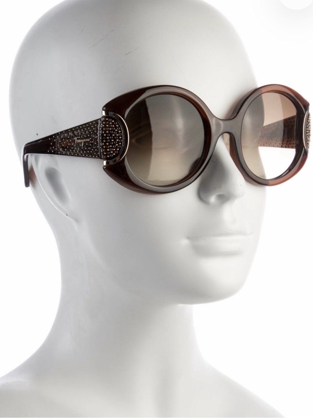 Salvatore Ferragamo Brown Round Sunglasses with Crystal-Embellished Temples
